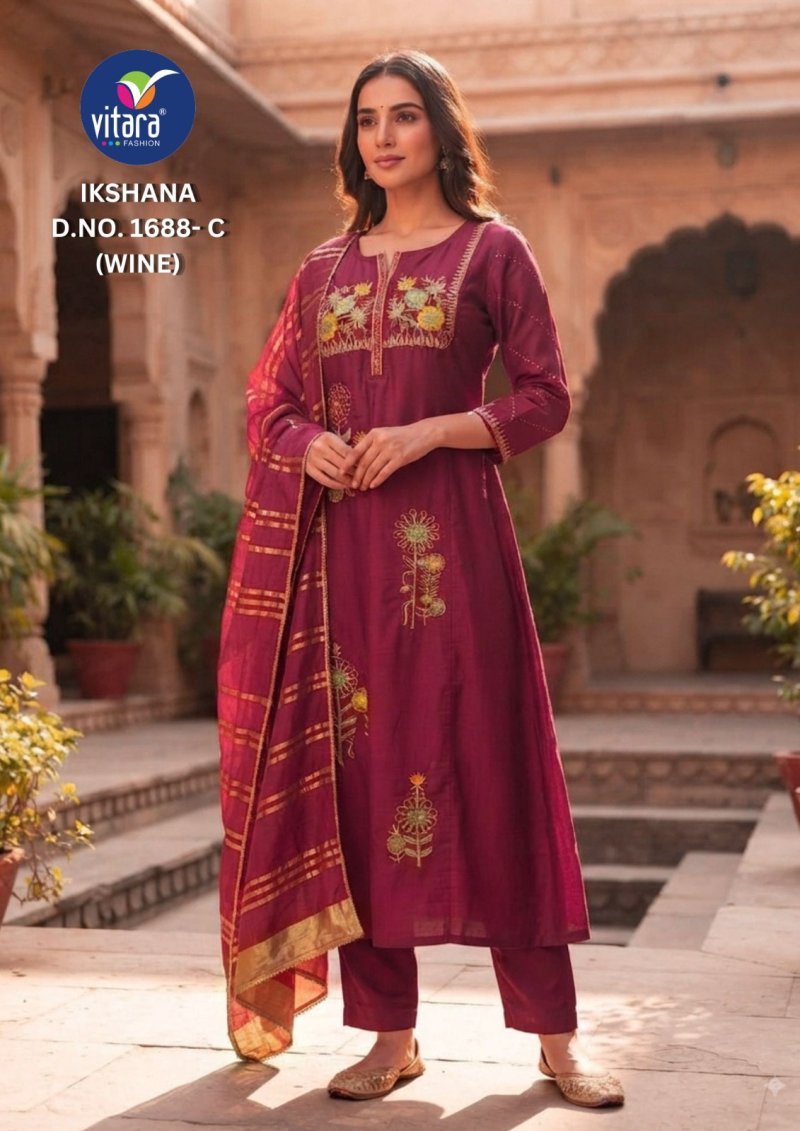 Iksana By Vitara Mul Chanderi Embroidery Kurtis Set Size Combo